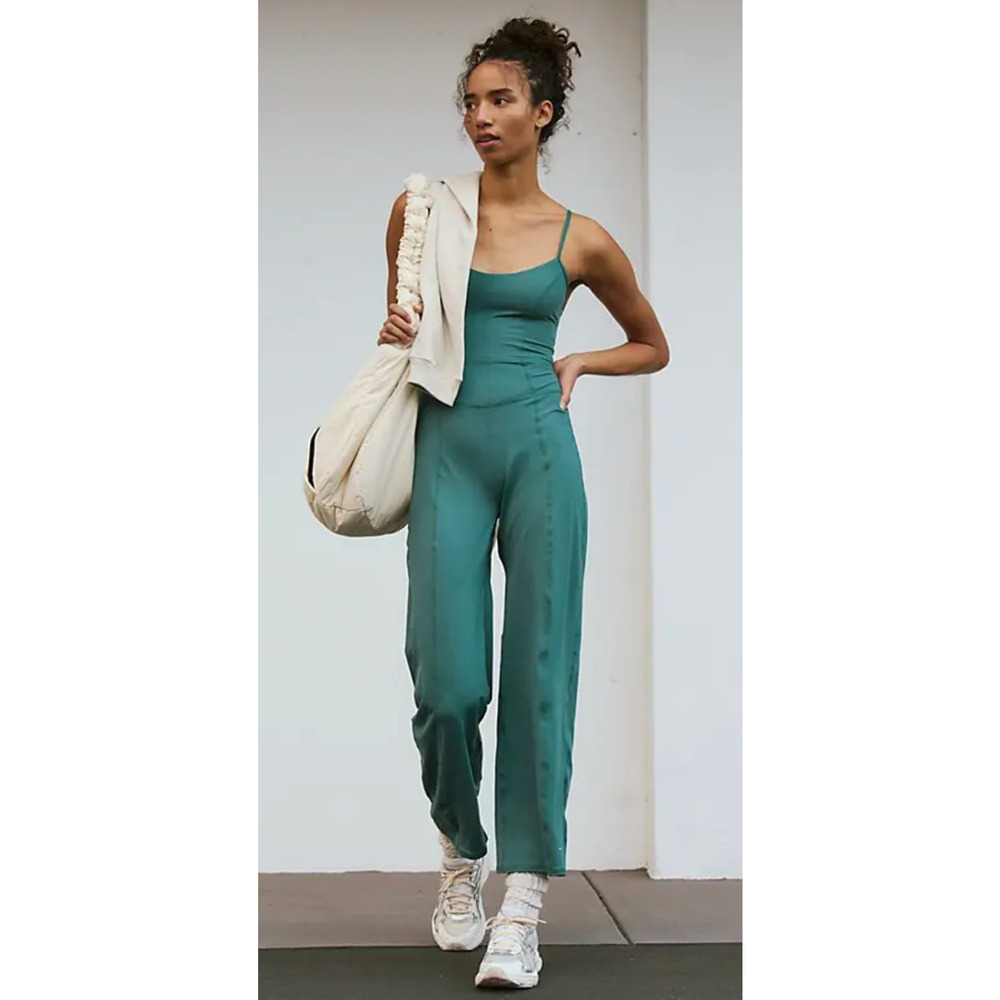 Free People Teal Satin Spaghetti-Strap Jumpsuit